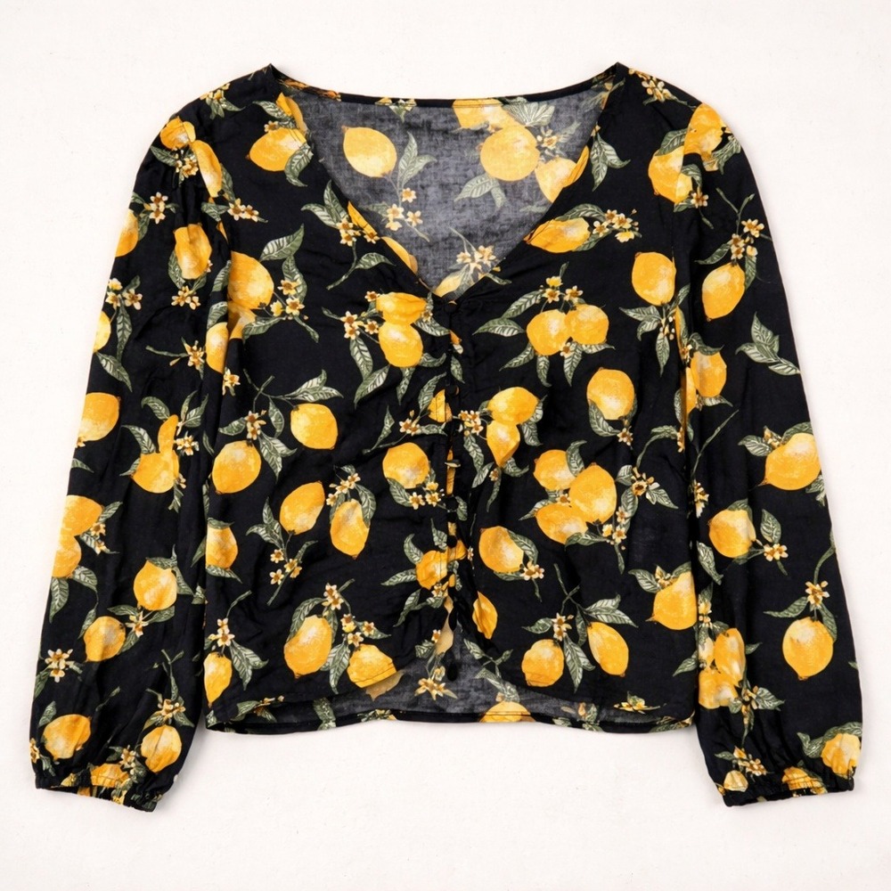 Vtg Y2K H&M Divided Lemon Citrus Crop Top Whimsical Black Yellow Sz 4 maximalist